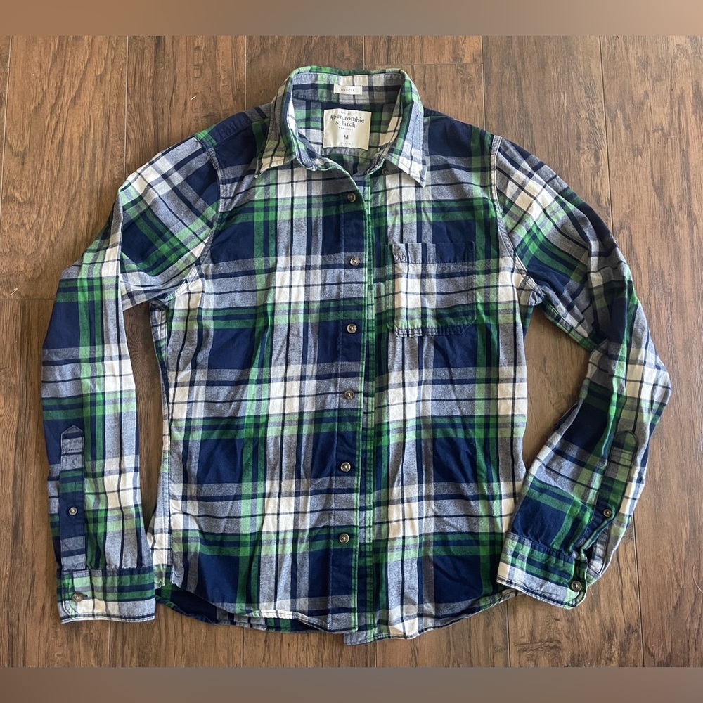 Abercrombie & Fitch green & blue plaid button up muscle long sleeve - Picture 1 of 3